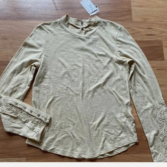 Free People We the Free Hooked On You Cuff Top Wheat Cotton embroidered size S​ - Picture 4 of 4